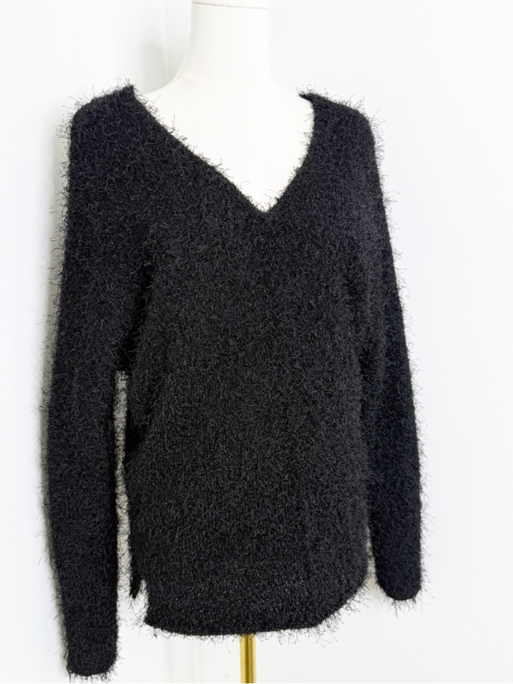 By Malene Birger Black Eyelash Knit Sweater Size Medium Fuzzy V Neck NWOT